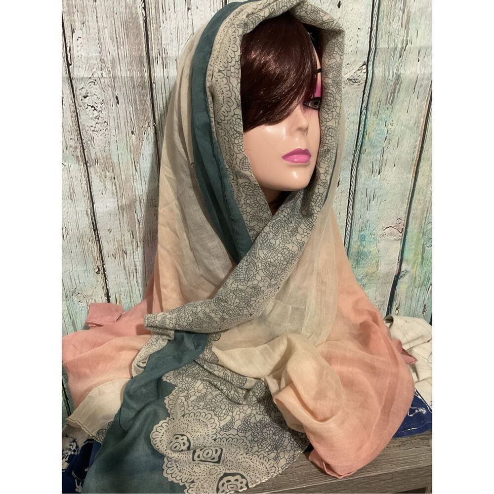 Vintage Gerinly Boho Chic Scarf Wrap Pink Gray Cream 35” x 70”